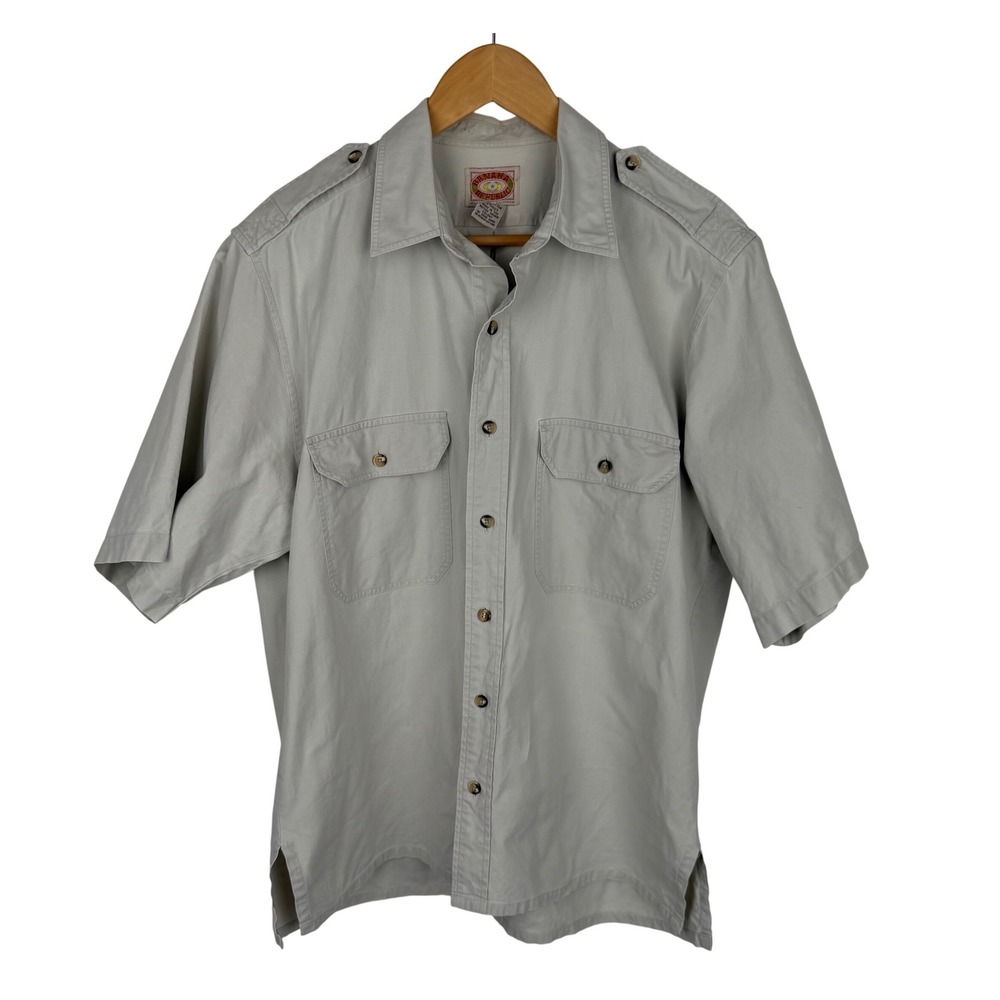 Vintage Banana Republic Safari Shirt Mens Large Tan Cotton Epaulets Short Sleeve